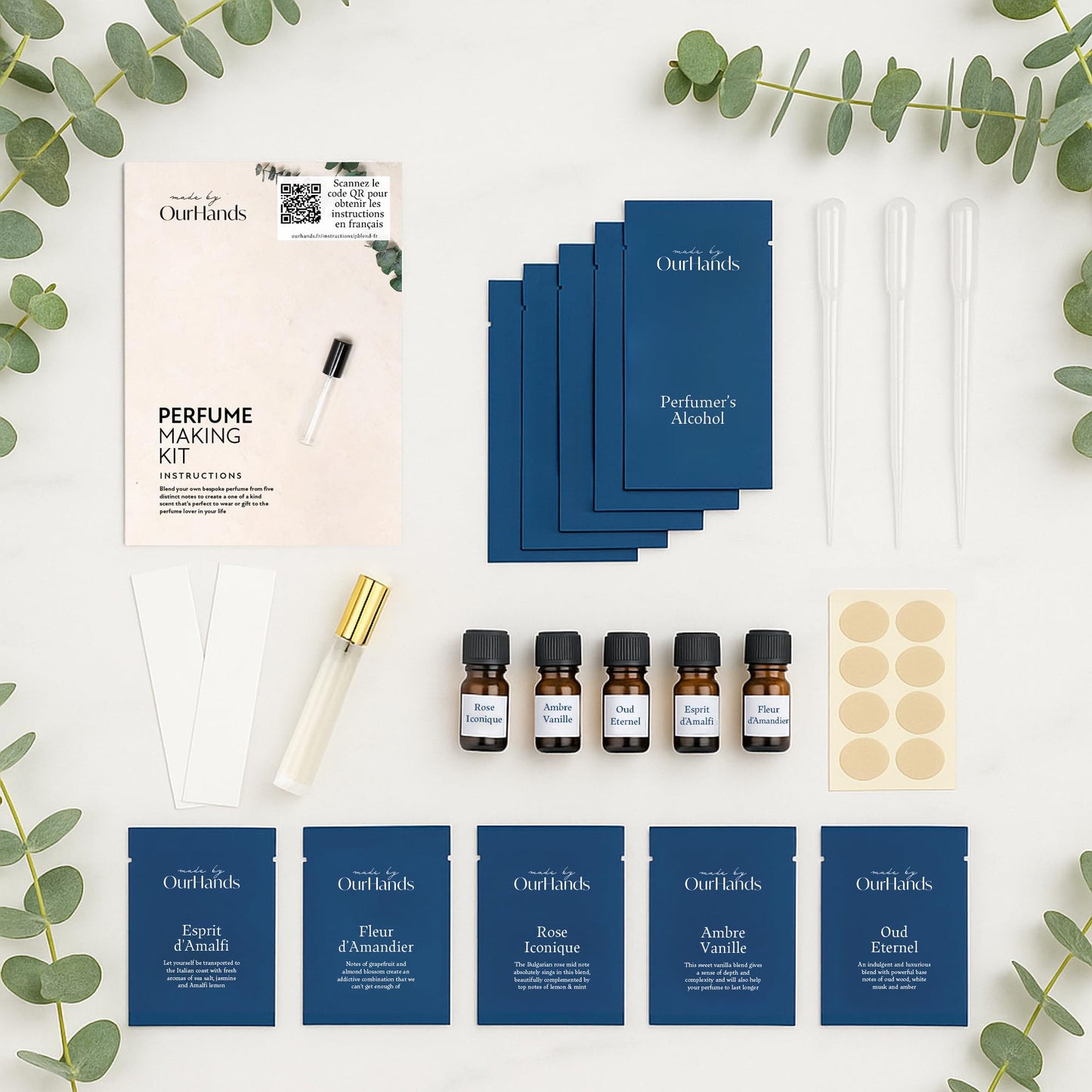 OurHands Perfume Making Kit Create Your Own Signature Perfume with 5 Premium Fragrance Oils, Perfumer’s Alcohol, Reusable Glass Atomiser, and Custom Naming Stickers