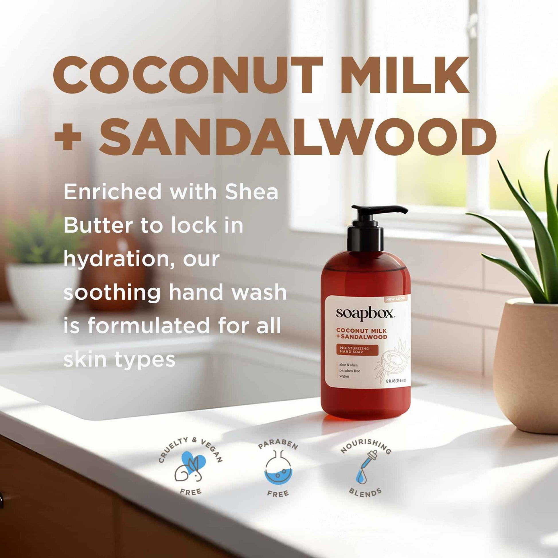 Soapbox Liquid Hand Soap, Coconut Milk & Sandalwood, Gentle & Moisturizing Hand Wash for Kitchen and Bathroom, Vegan & Cruelty Free Scented Hand Soap 12 Ounce Pump Bottles (Pack of 3)