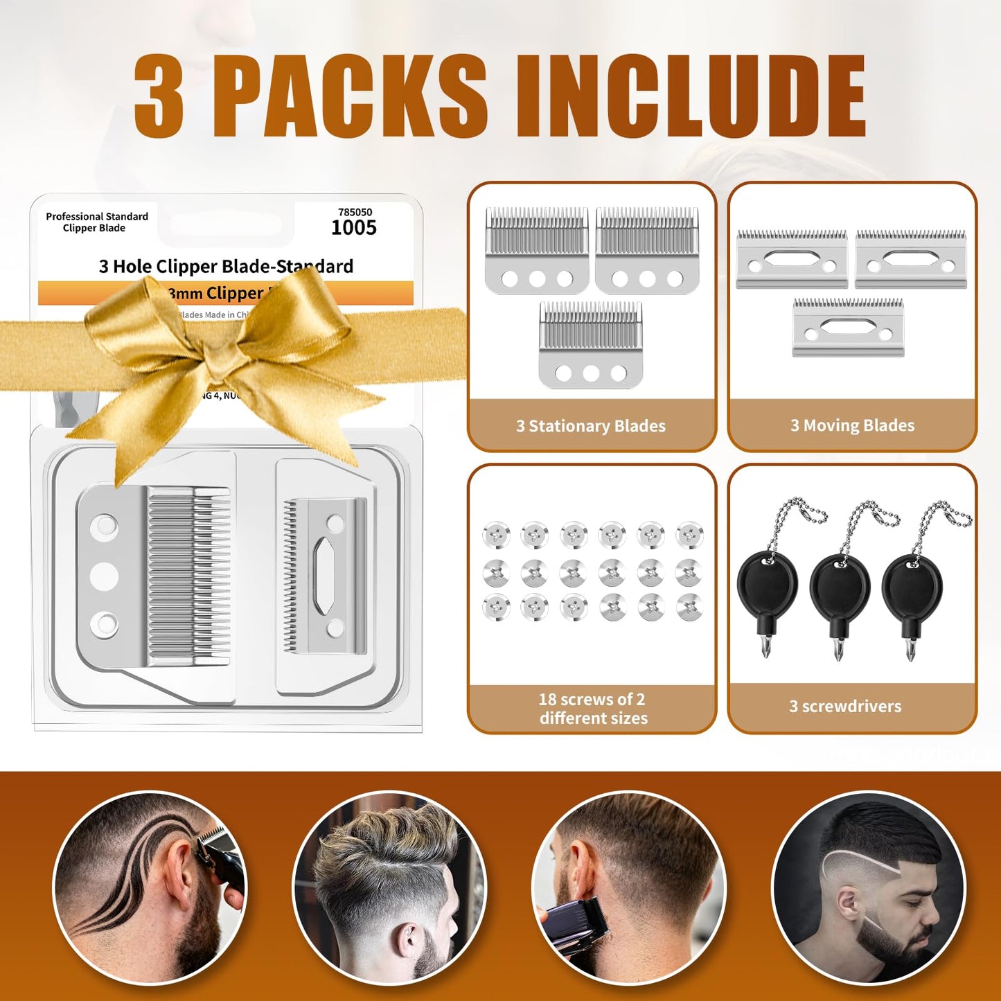 1005-100 Professional 3-Hole Blade,Compatible with Wahl Designer,Senior, Cordless Designer,Pilot,Sterling 4 and Nugget Clippers, 1mm-3mm Cut Length(Sliver) (3 Packs)