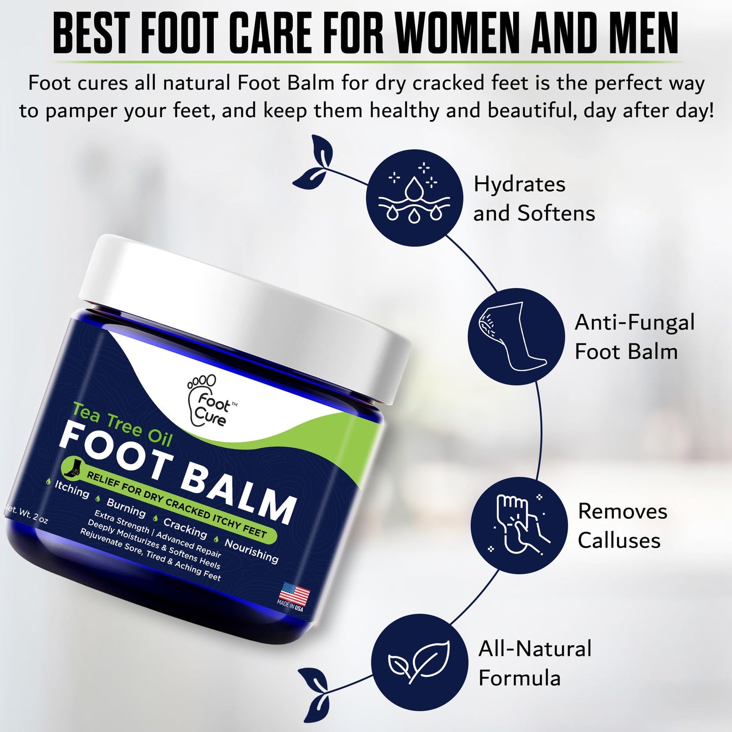 FOOT CURE Tea Tree Oil Balm – Moisturizer for Dry Cracked Feet – Instantly Hydrates & Soothes Irritated Skin & Athlete's Foot – Best Foot Care for Women and Men (Pack of 2)