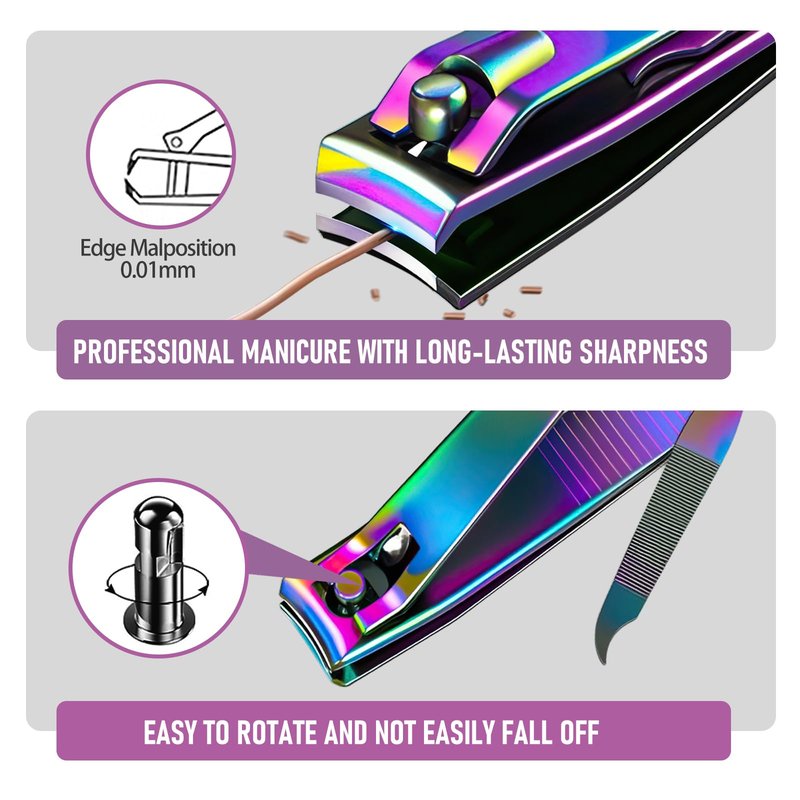firiKer 2PCS Stainless Steel Nail Clippers,Rainbow Fingernail Clipper and Toenail Clipper, Wide Easy Press Lever Nail Cutter with Swing Out Nail Cleaner/File for Men and Women