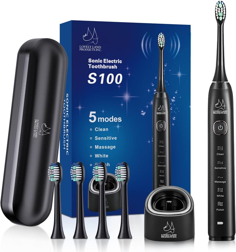 Sonic Electric Toothbrush for Adults - Rechargeable with 4 Brush Heads & 5 Modes | Travel Case Included