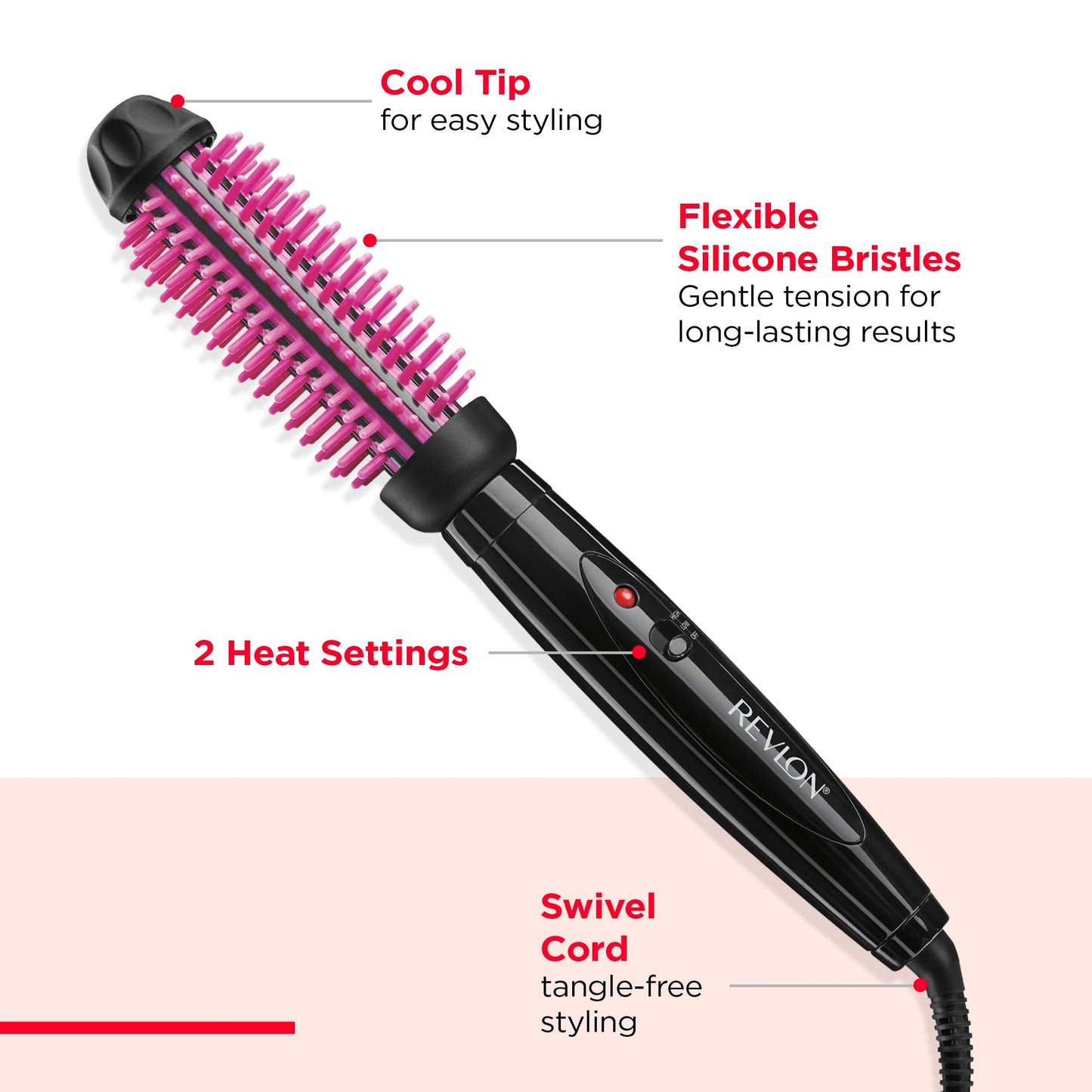 REVLON Silicone Bristle Heated Hair Styling Brush | Fast, Long Lasting Volume for Easy Styling | 1" Barrel for Full Body and Smooth Styles (Black/Pink)