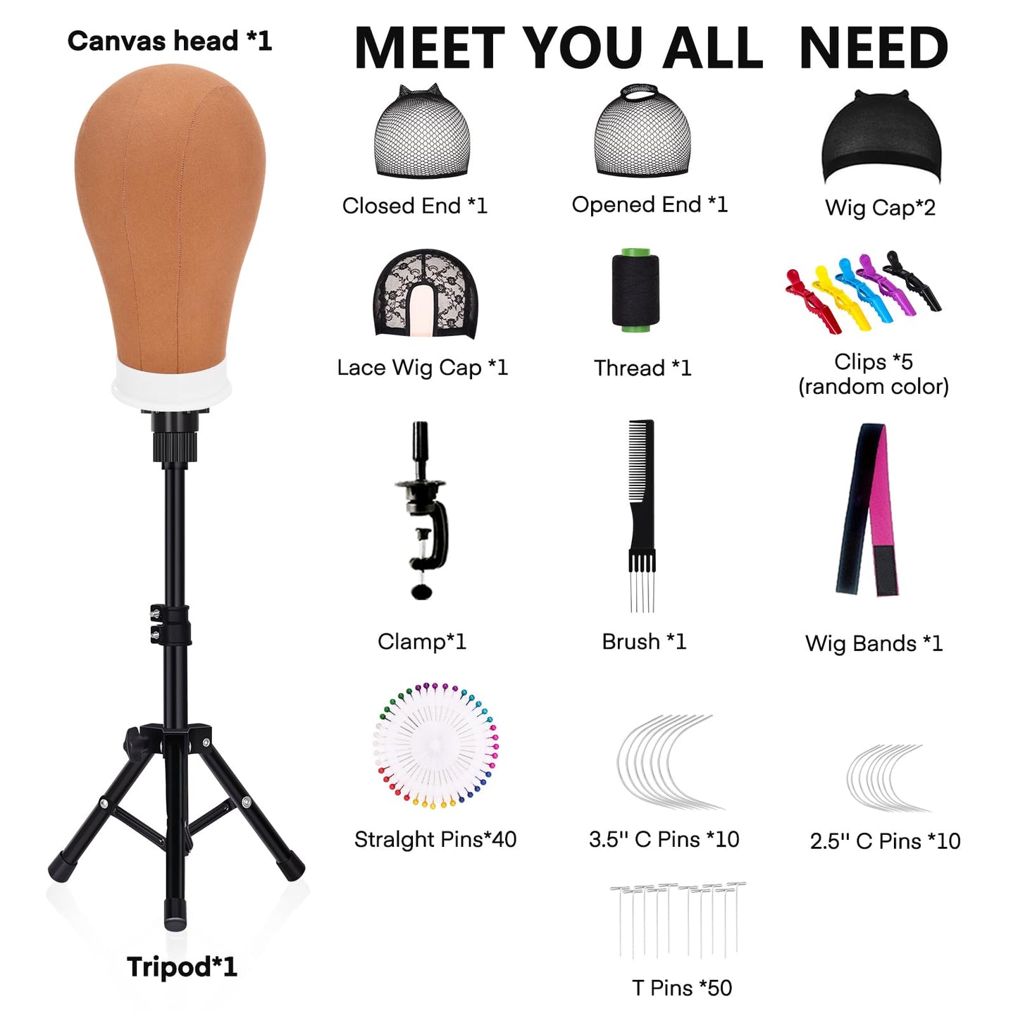 GHWMYD 22 Inch Canvas Wig Head Mannequin Head With 63in Tripod Stand, Manikin Canvas Head Set for Wigs Making Display Styling with Tripod Table Clamp Wig Caps Pins Set Hair Brush, Clips(Beige)