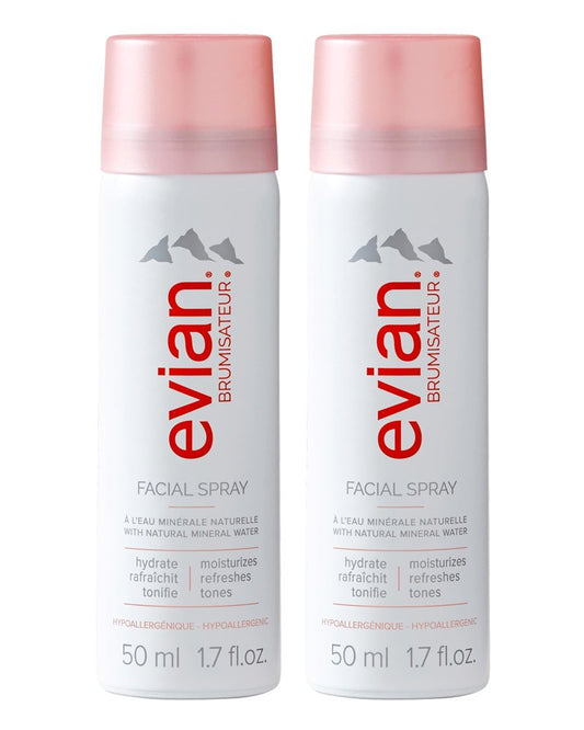 Evian Facial Spray 1.7 oz Travel Duo - Hydrating Mineral Water Mist for Face & Skin - Refreshes Makeup and Tones - TSA-Approved Mini Facial Spray to Hydrate and Soothe Skin On-the-Go