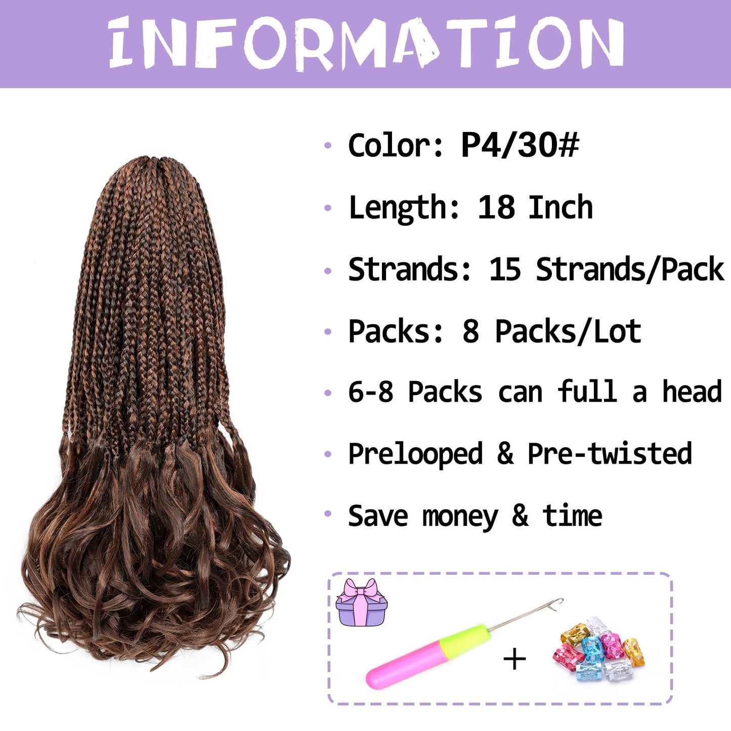 WOKAA French Curly Braiding Hair Pre looped 18 Inch 8 Packs Crochet Hair for Women Dark Brown mix Brown Crochet Box Braids with Curly Ends Synthetic Hair Extensions P4/30#