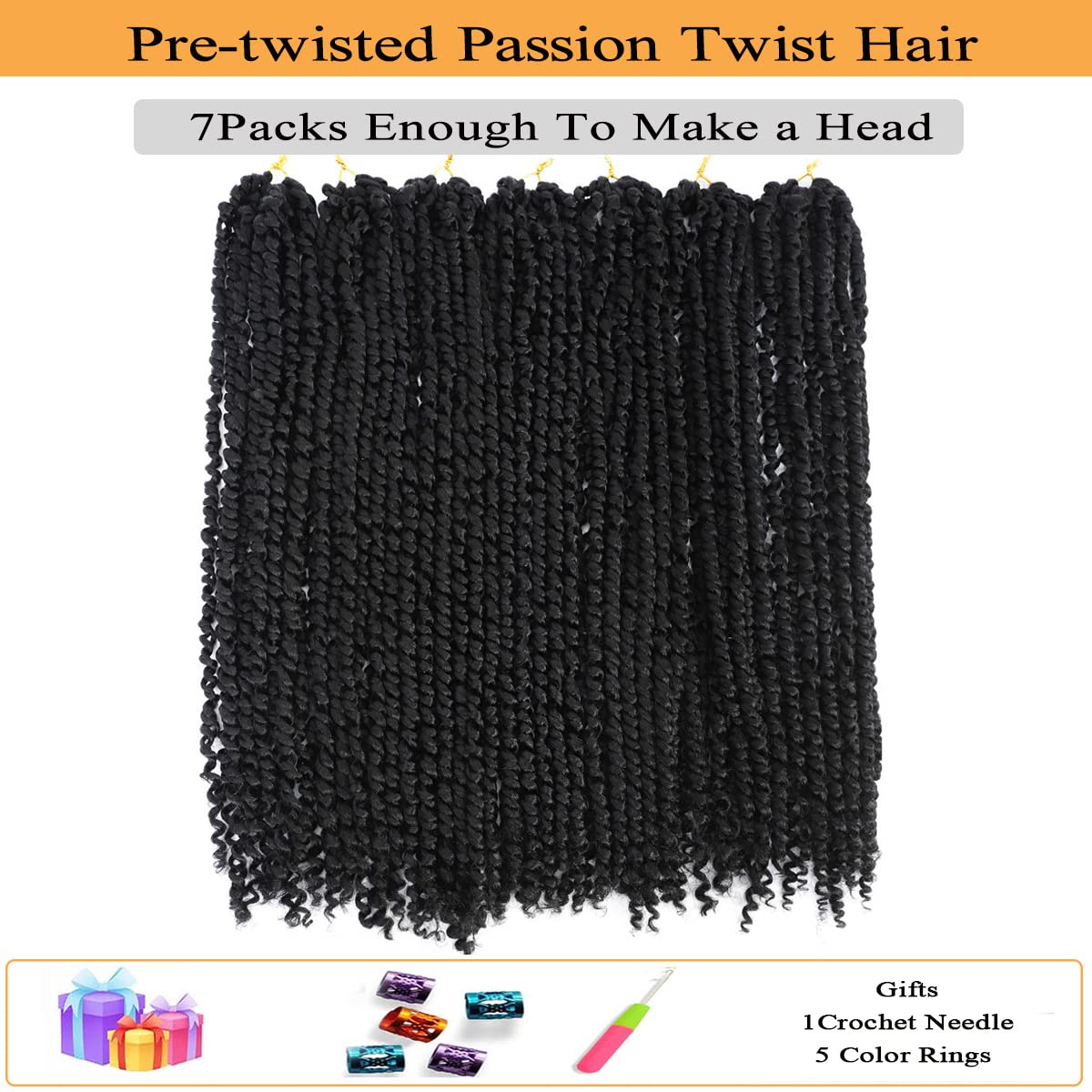 Passion Twist Hair 24 Inch 7Packs Long Pre-twisted Passion Twists Crochet Hair Pre-looped Synthetic Crochet Braids (7 Packs,1B)
