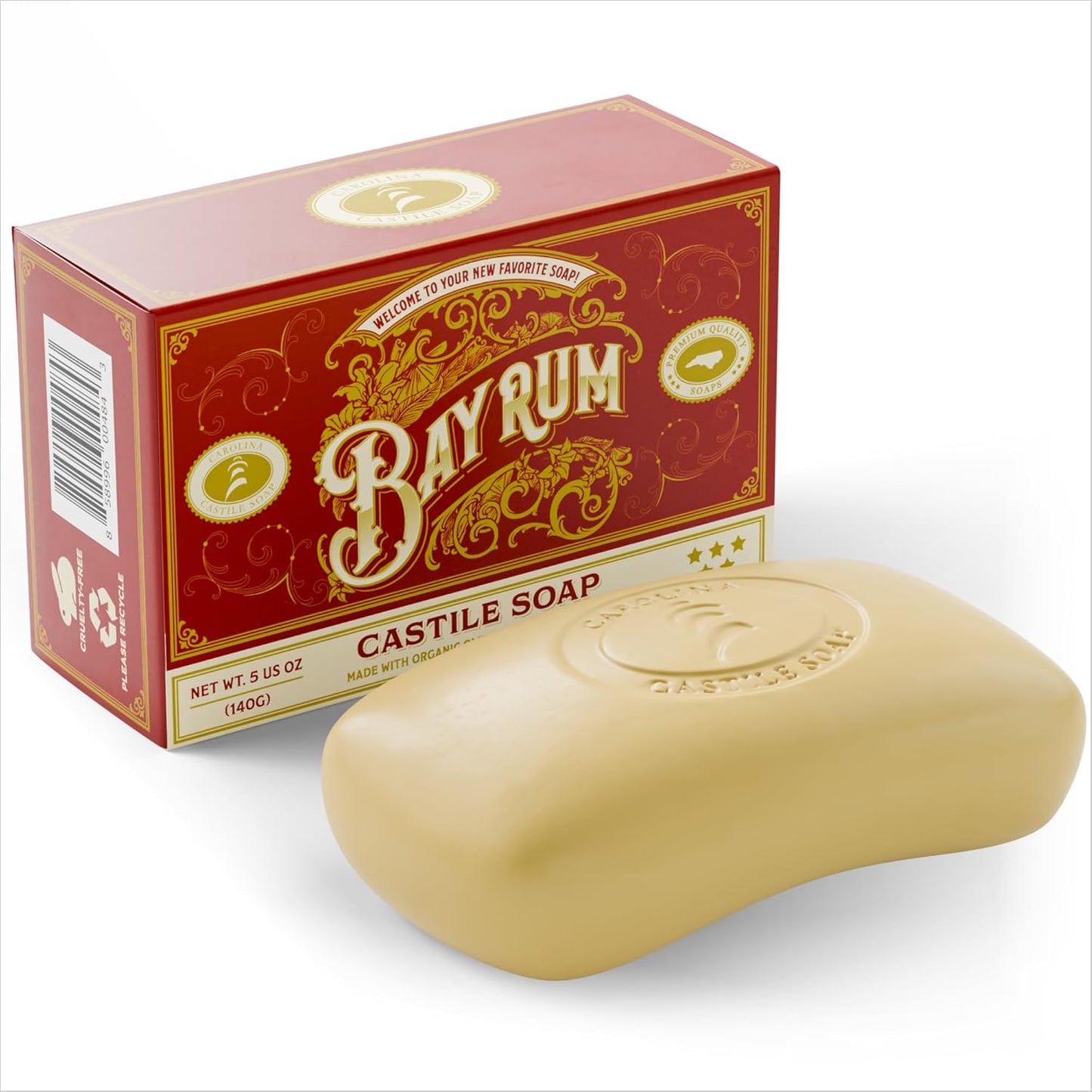 Castile Soap Bar for Sensitive Skin - Natural Olive Oil & Cocoa Butter | Vegan Bay Rum Scent, 5 oz