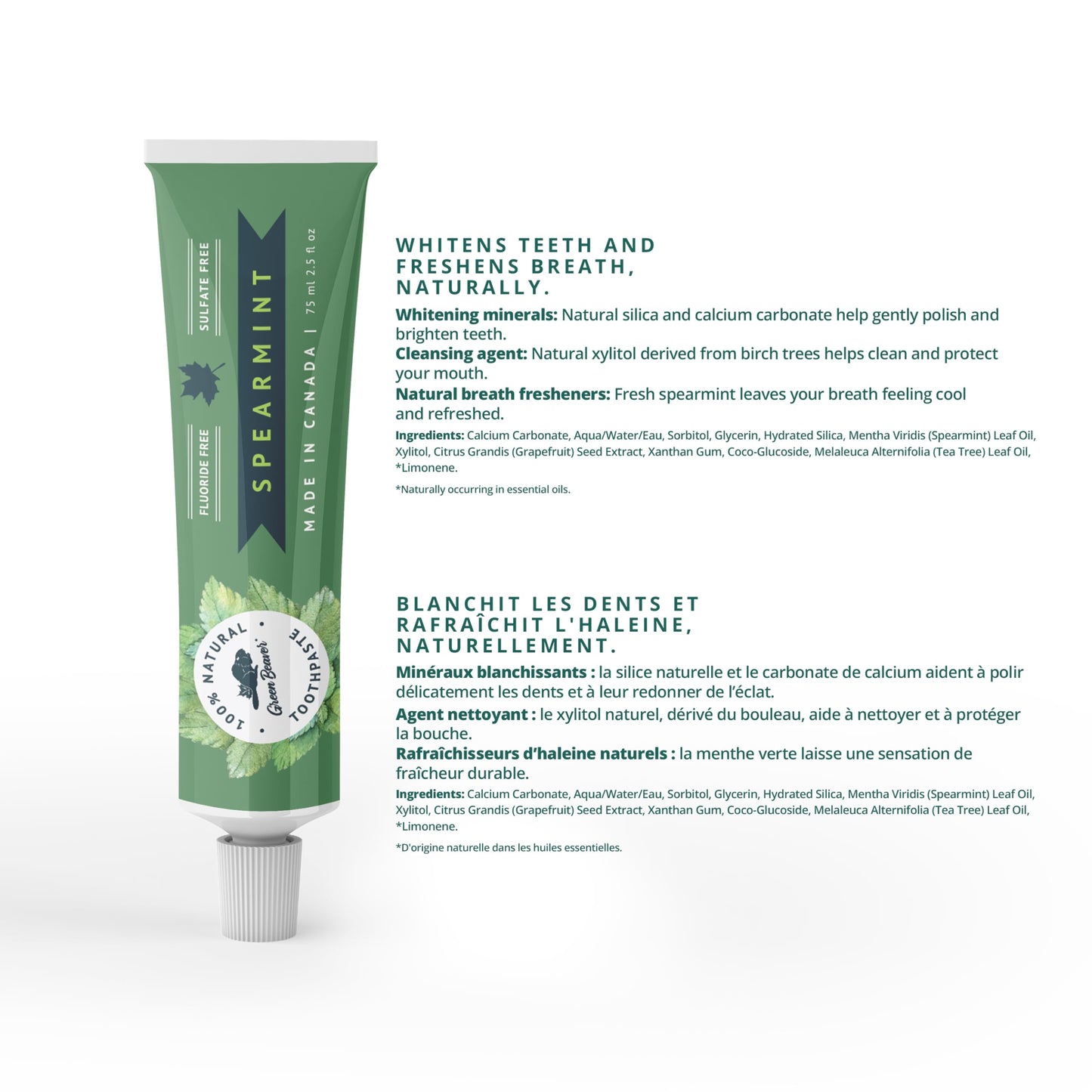Green Beaver All Natural Organic Toothpaste, Vegan, Fluoride Free & Gluten Free Toothpaste, Spearmint Flavor, 75ml, 3 Pack