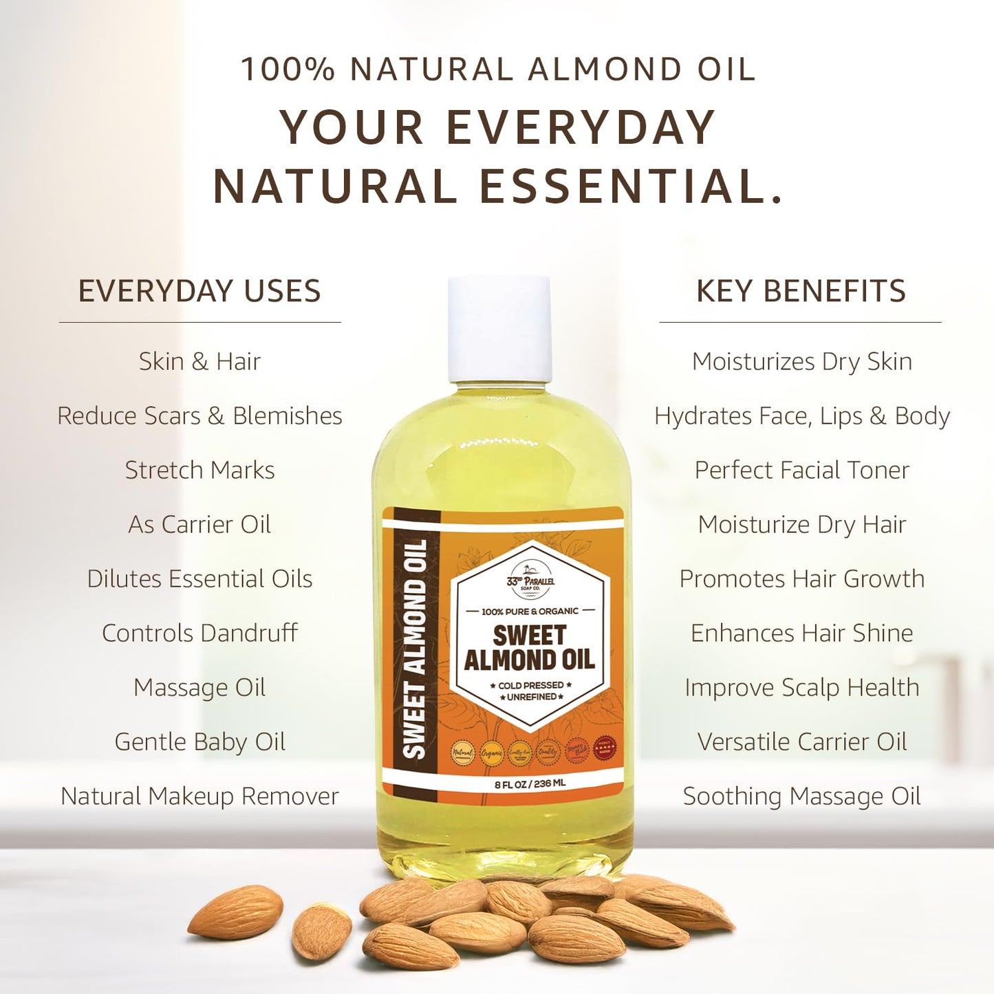 ORGANIC SWEET ALMOND OIL (32 oz) Premium Cold Pressed Unrefined | 100% Pure Sweet Almond Oil for Skin, Face, Hair, Soap Making | Carrier for Essential Oils | Available in Bulk | 32 FL OZ