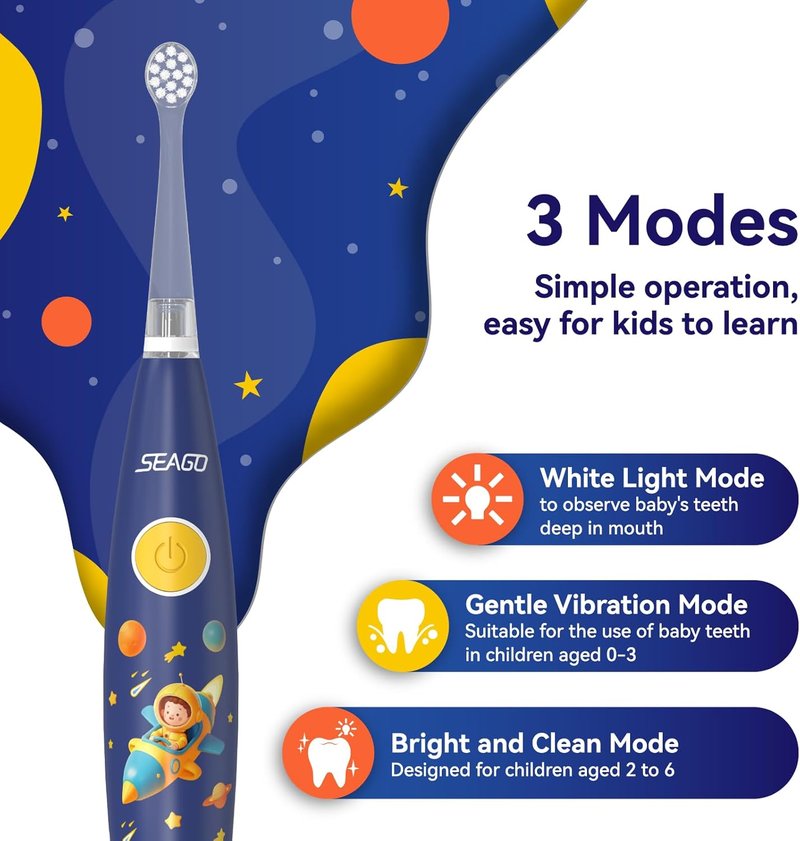 Kids Electric Toothbrush - Rechargeable with Smart Timer & LED Light | Soft Bristles for Ages 2-4 (Blue)