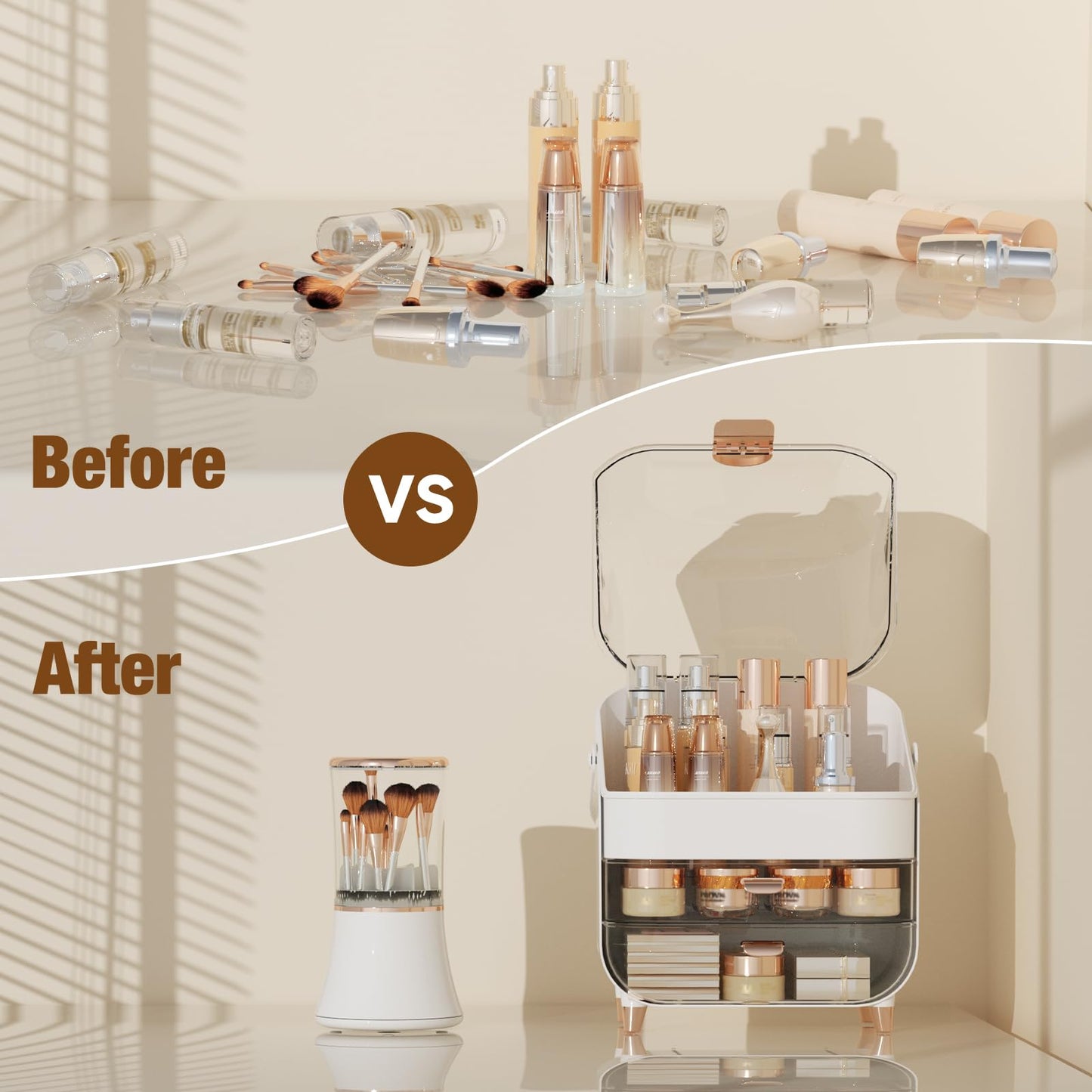 CLBDRESS Makeup Organizer Countertop & Makeup Brush Holder with Lid 360 Rotating Clear Dustproof Skincare Holder for Vanity Bathroom Countertop, Ideal Gifts for Women, Transparent, Silver