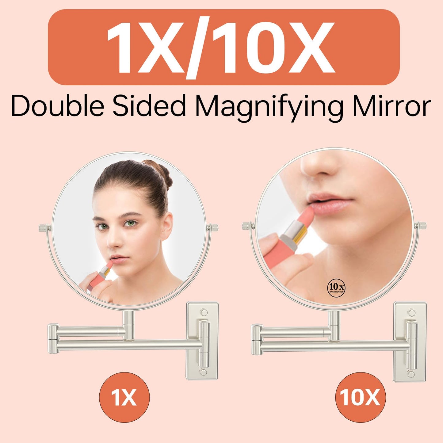 Erlingeryi Wall Mount Makeup Mirror with 1X/10x Magnification, Nickel