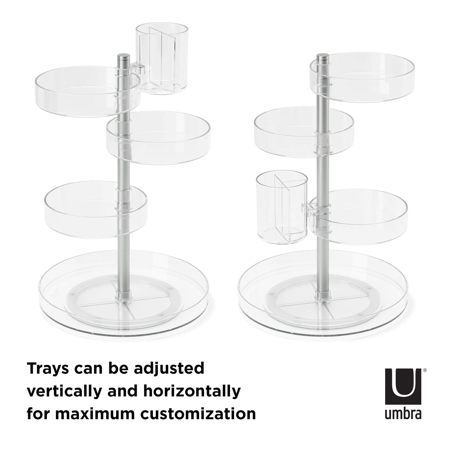 Umbra Pirouette Cosmetic Organizer, Large Capacity Makeup Storage with Adjustable Compartments, Clear/Nickel