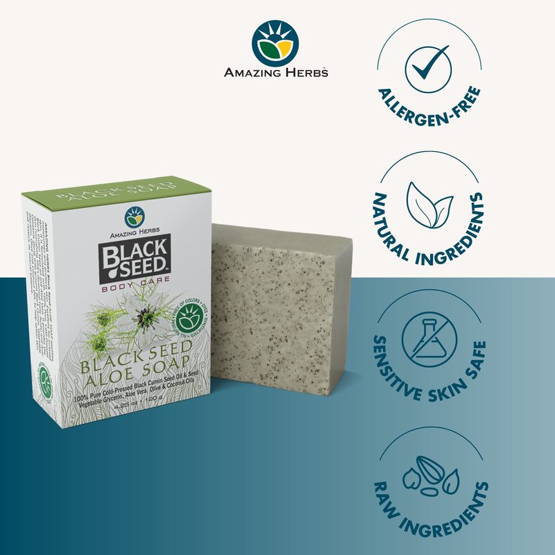 Amazing Herbs Black Seed Soap - 100% Pure Cold-Pressed Black Cumin Seed Oil, All Natural, Free of Colors, Dyes, & Fragrances - Black Seed Aleo Vera Soap, 4.25 Oz (Pack of 3)