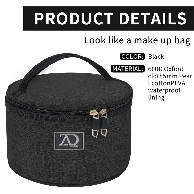 Travel Case for Wigs, Black Quilted Nylon with Interior Mirror, Zipper, & Double Stitching, Lightweight & Portable Wig Pouch by Adolfo Design