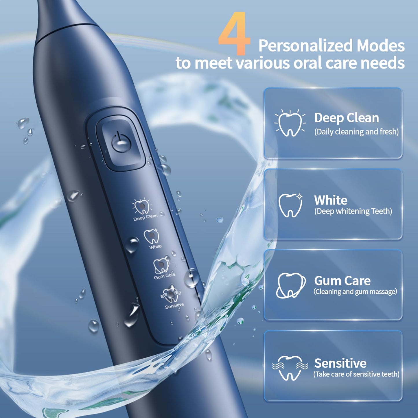 OasiSmile Electric Toothbrush for Adults, 42000 VPM Deep Clean Sonic Toothbrush with 6 Brush Heads, 4 Modes, IPX7 Waterproof Rechargeable Toothbrushes for 120 Days, Built-in 2 Mins Smart Timer (Blue)