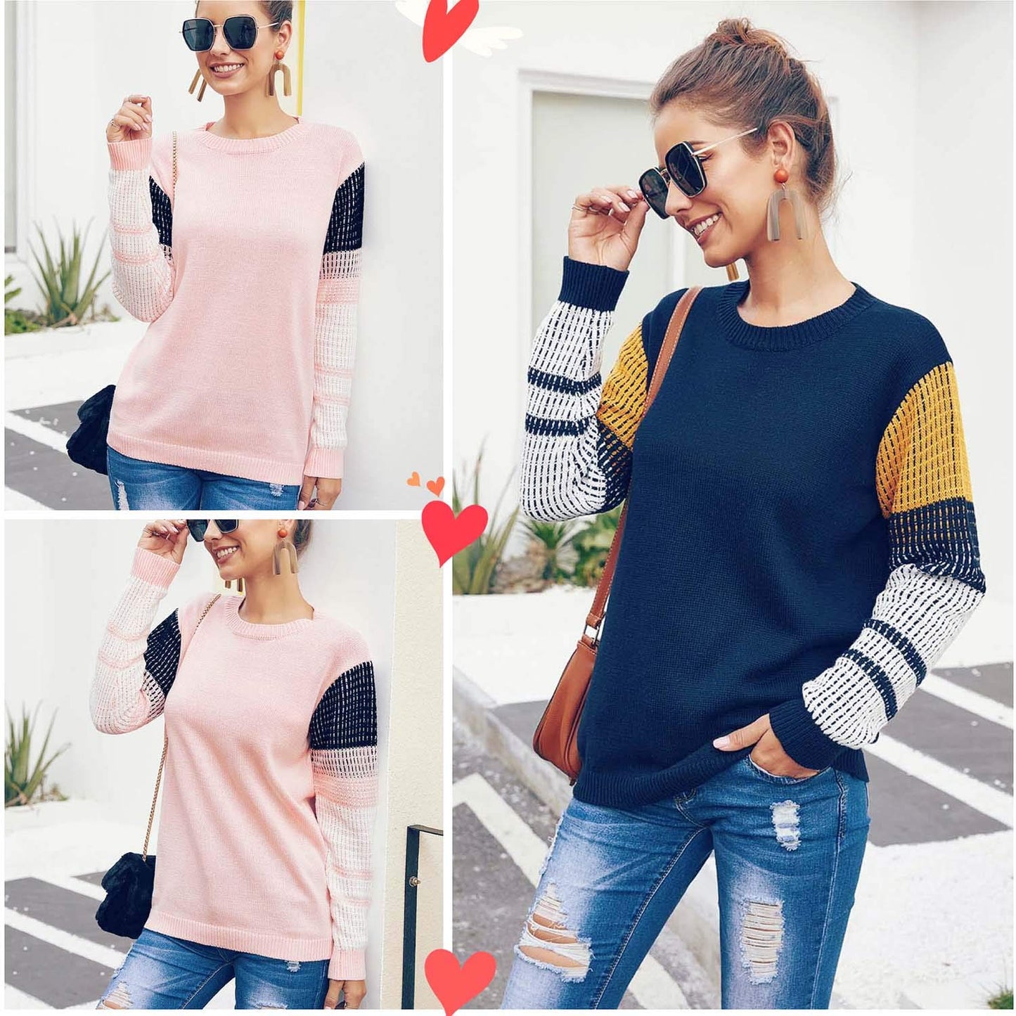 koitmy Women's Cute Contrast Sleeve Knitted Pullover Sweater Navy