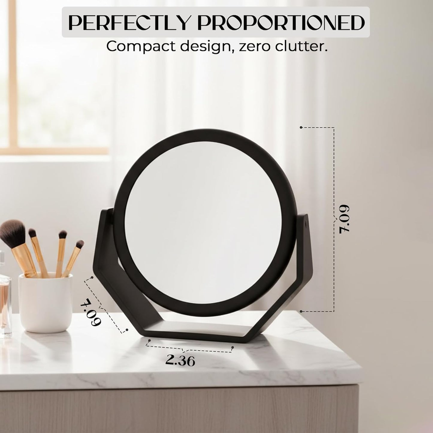 Round Soft Touch Vanity Mirror - 1X/10X Magnifying Black Matte Makeup Mirror | Portable Tabletop & Desk Use
