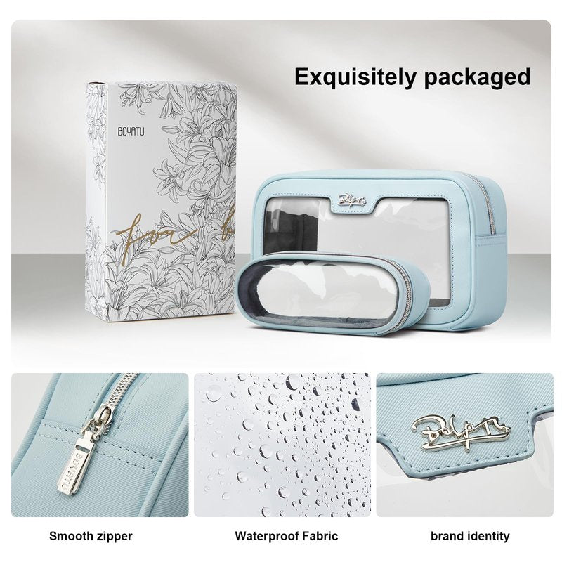 BOYATU Cute Travel Makeup Bag Set: Clear Cosmetic Bag Waterproof Toiletry Bags for Women - Large Skincare Pouch With Small Make up Brush Case for Girl (04-Blue)