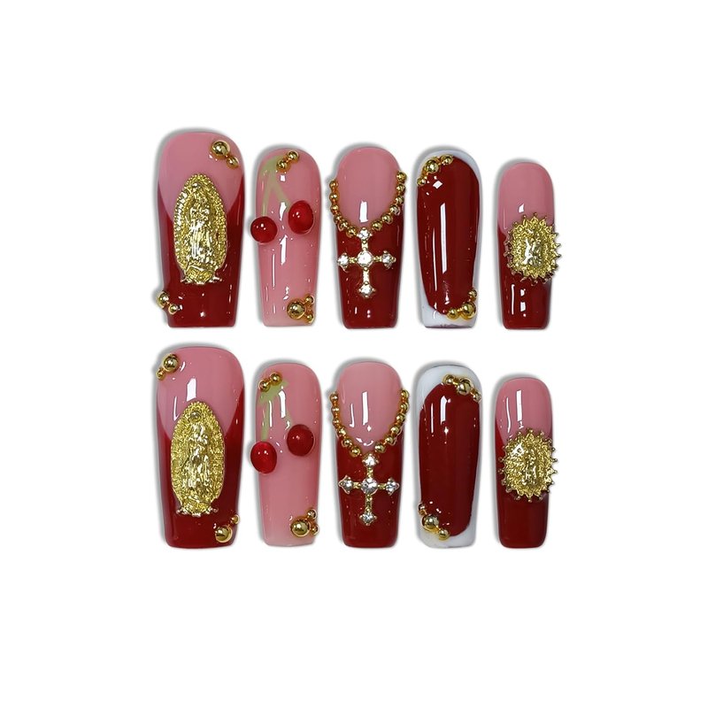 Burgundy French Press On Nails - Long Square 3D Embossed Cross Design | Elegant Gothic False Nails for Weddings (M)