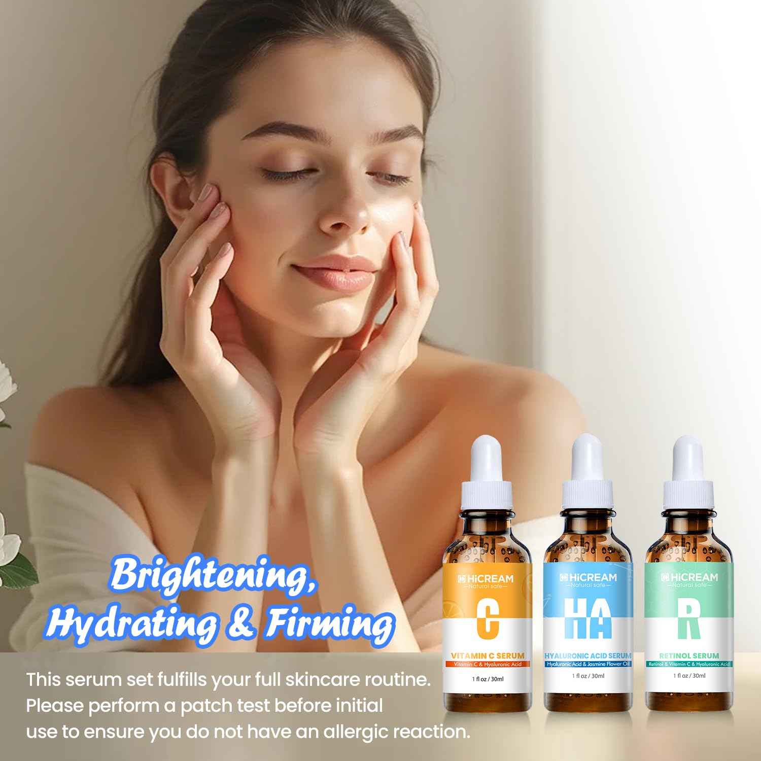 Hicream Face Serum Set 3-Pcs Set, Includes Vitamin C, Hyaluronic Acid & Retinol - Skin Care Set for Brightening, Firming, Hydrating - Facial Skin Care Set for Fine Lines, Dark Spot Corrector