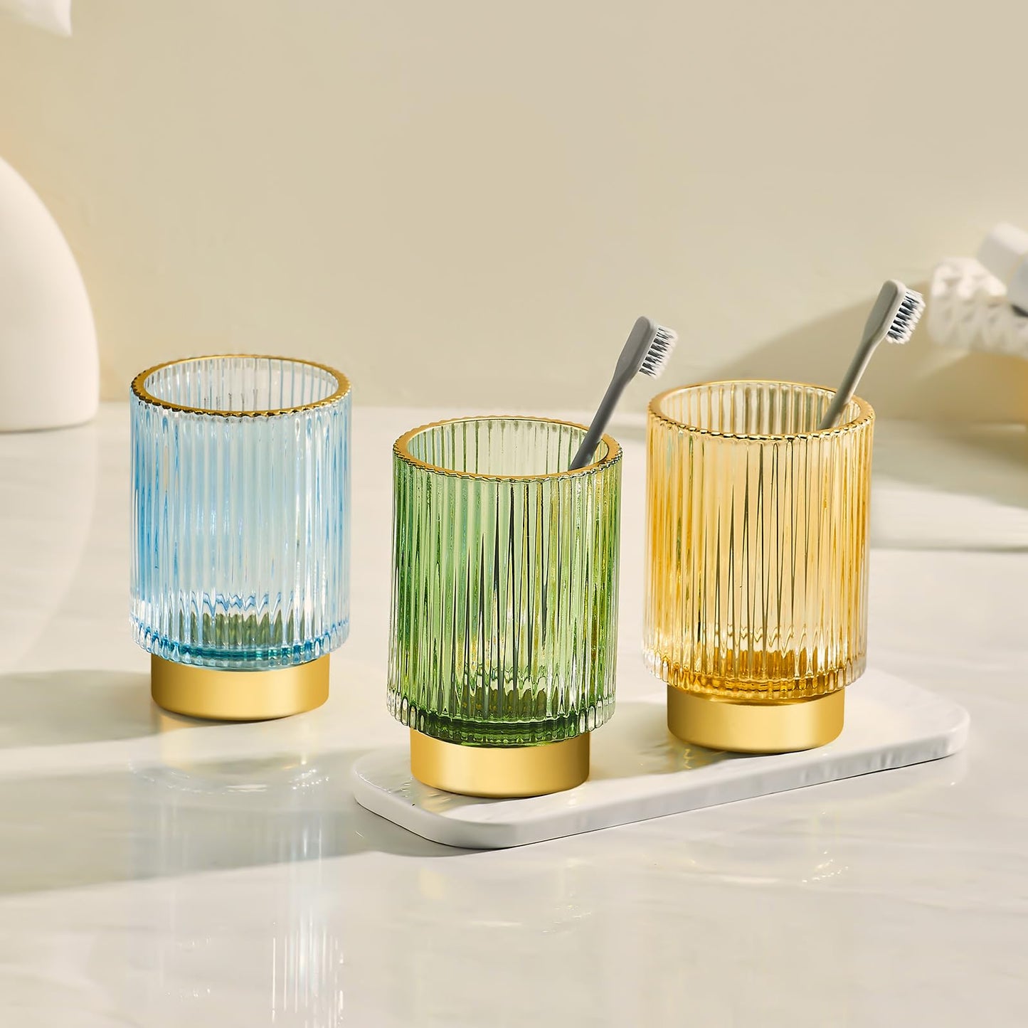 LEICURACE Makeup Brush Holder Organizer,Toothbrush Holders,Desk Pen Pencil Holder,Multifunctional Vintage Glass Brush Cup（S+L/Green/A3-1-US）