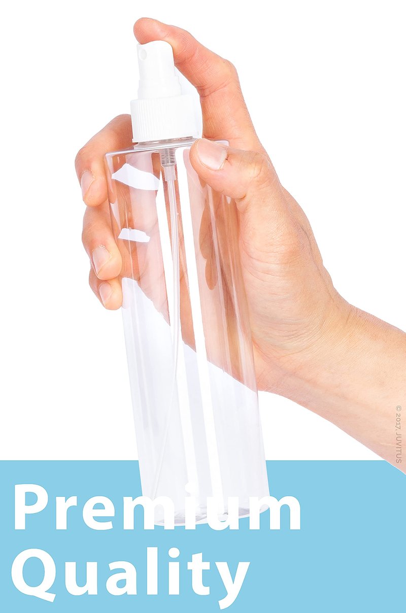 JUVITUS 12 oz Clear Professional Cylinder Plastic Bottles with White Fine Mist Sprayer (12 Pack)