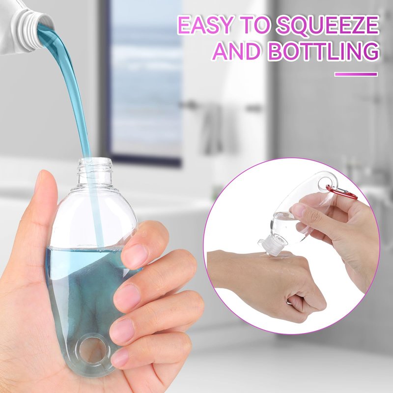 FairySandy 100 Pcs Traveling Bottles with Keychain 2oz Clear Keychain Bottle Plastic Empty Refillable Liquid Packing Container Squeeze Plastic with Lid for Liquid Cream (Oval)