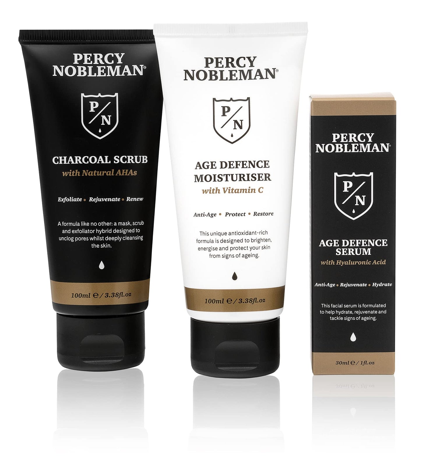 Percy Nobleman Age Defence Kit – Men’s Skincare Gift Set with Charcoal Face Scrub, Hydrating Facial Serum with Hyaluronic Acid & Vitamin C Moisturiser for Cleansing, Nourishment & Healthy Skin