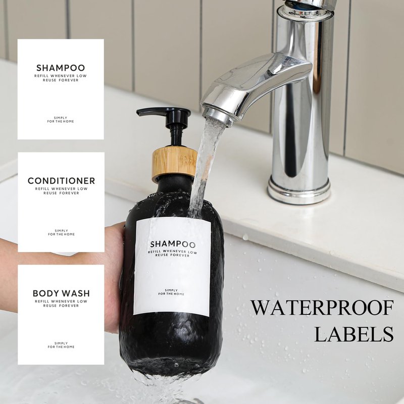 Shampoo and Conditioner Dispenser,16.9 fl oz Set of 3 Black Plastic Refillable Shower Shampoo Dispenser with Bamboo Tray, Reusable Pump Bottles with Labels for Bathroom Décor (Black+Bamboo Tray)