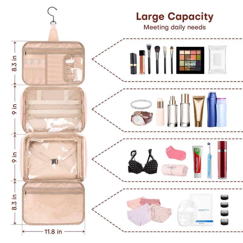 wskvoker Hanging Travel Toiletry Bag for Men, Large Makeup Bag for Women, Water-resistant PU Leather Dopp Kit Shaving Bag For Full Sized Toiletries,Cosmetics Travel Organizer for Accessories (pink)