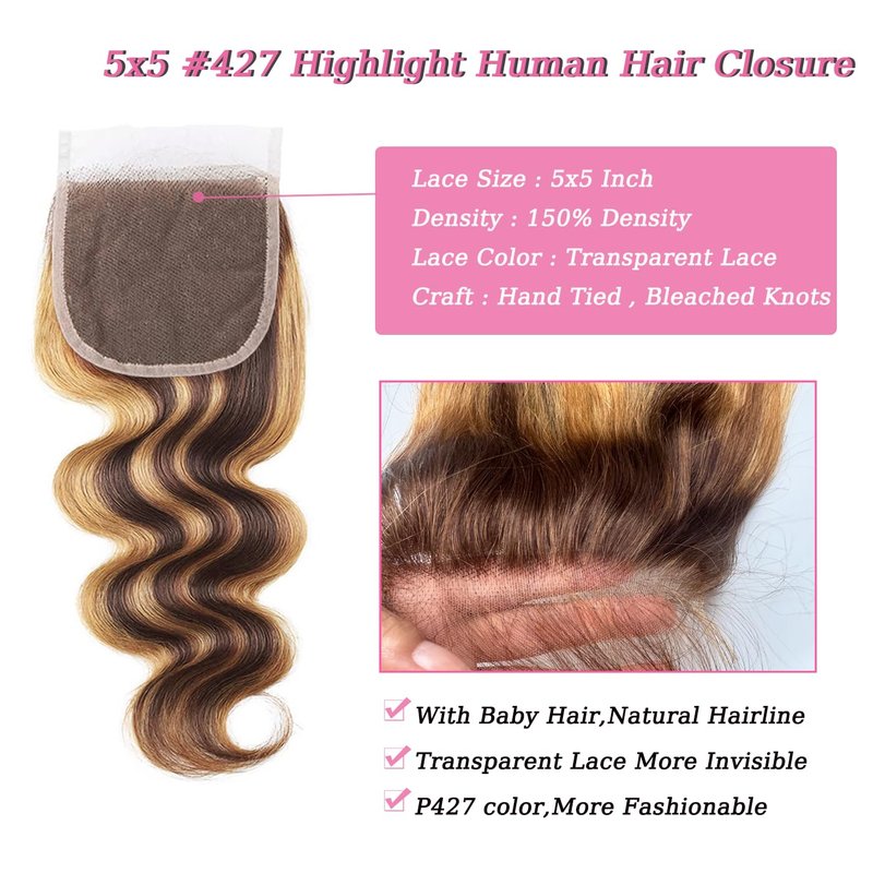 4/27 Closure 5x5 Hd Transparent Lace-Clsoure Body Wave 100% Human 10a Hair Extensions 150 Density With Baby Hair Pre-Plucked Free Part #427 Color 10 Inch