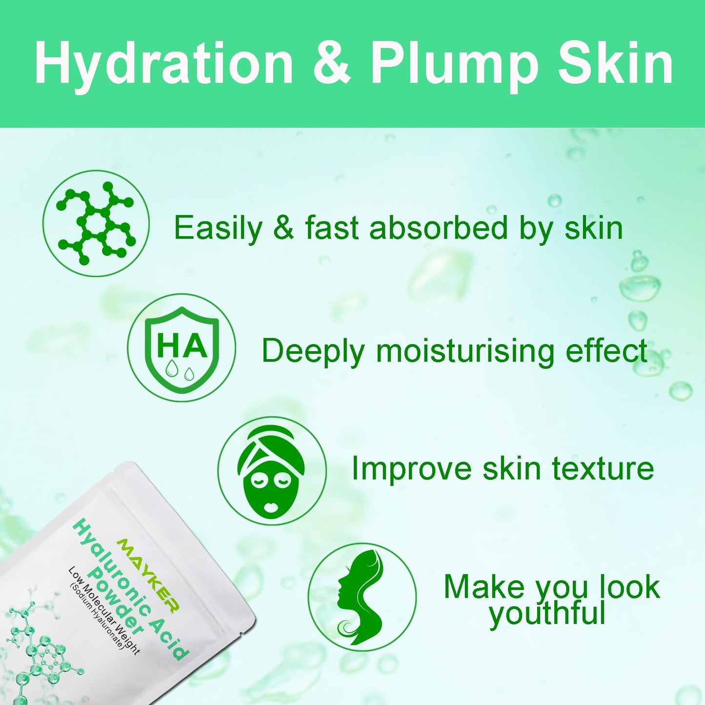 MAYKER Pure Hyaluronic Acid Powder, 1.41 oz | Low Molecular Weight, Cosmetic Grade | For DIY Serums, Creams, Moisturizers | Clear, Watery Texture After Fully Dissolved