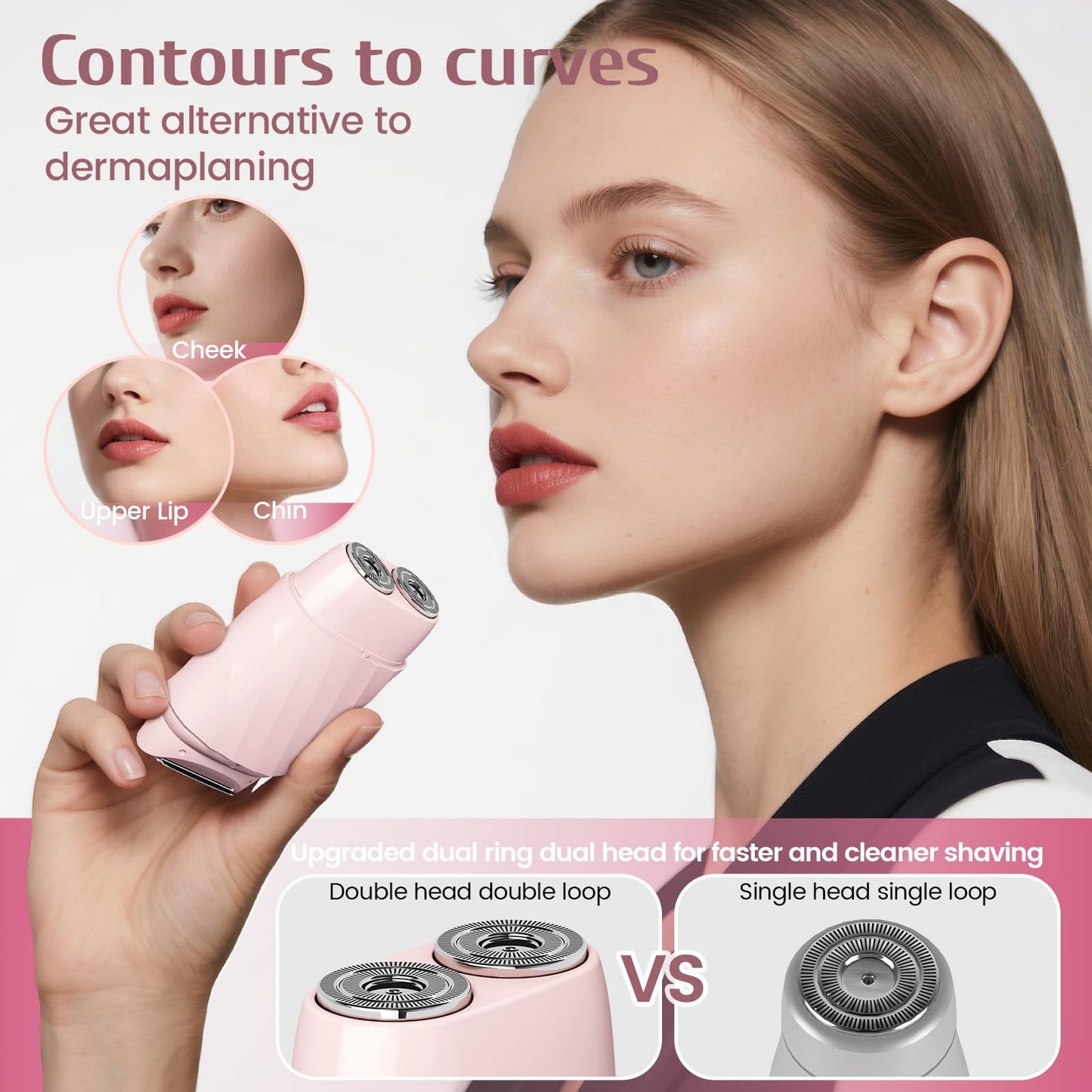 Asbyte 4-in-1 Electric Razor for Women, Bikini Trimmer & Facial Hair Remover, Rechargeable Cordless Dual-Head Shaver, IPX7 Waterproof, Painless & Hypoallergenic for Sensitive Areas, Pink