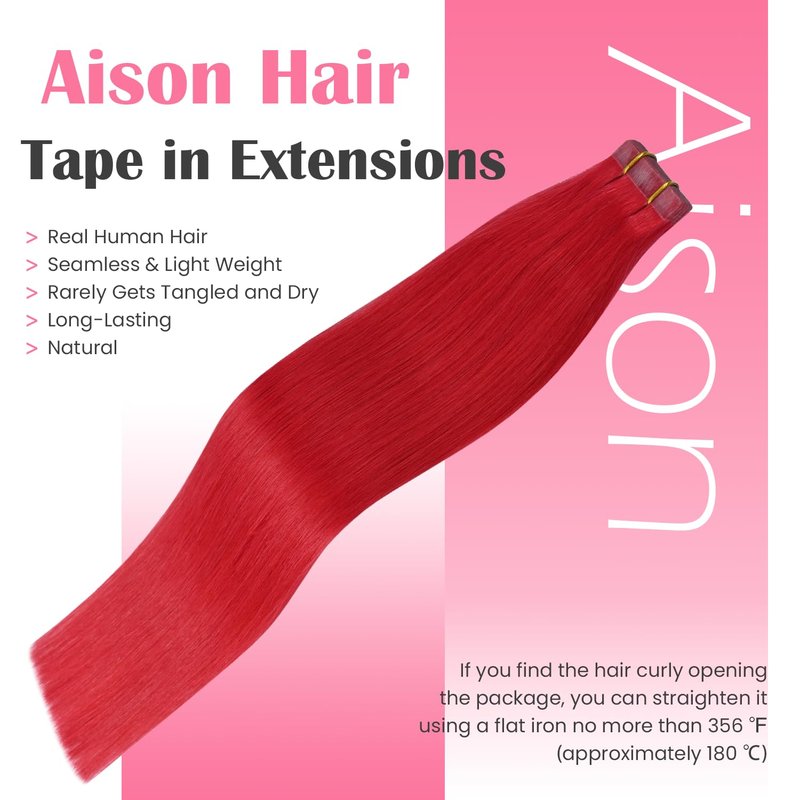 Aison Red Tape in Hair Extensions Human Hair Remy Human Hair Extensions Silky Straight for Women 20 Pcs/Package 18 Inch 40G 100%