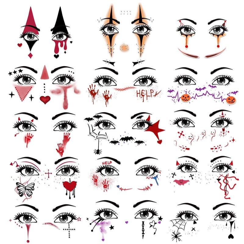 HOWAF 15 Sheets Halloween Full Face Tattoos Stickers, Costume Face Art With Clown, Spider Webs, Bats, Skeletons Ghost Devil Creepy Hand Prints for Horror Party Decor, Black Red Temporary Tattoos