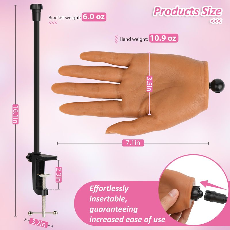 Practice Hand for Acrylic Nails,Silicone Fake Hand for Nail Practice with Adjustable Bracket, Flexible Nail Mannequin Hand for DIY Nails Art Beginners/Nail Salon Artists