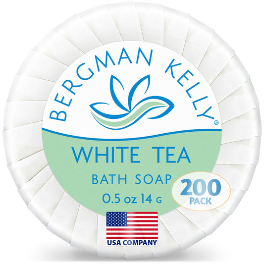 BERGMAN KELLY - Hotel Soap Bars - White Tea, 0.5 oz, 200 PK - Travel Size Luxury Bulk Amenities Bar Soap - Mini Individually Wrapped Round Soap - Small Toiletries for Airbnb, Motel, Guest Bathroom