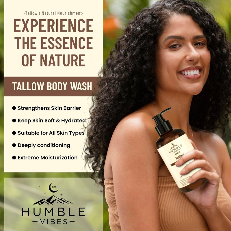 HUMBLE VIBES New!, Natural Tallow Body Wash, Made With Naturally Derived Plant Based Ingredients & Tallow, Free of Harsh Chemicals, Great for Eczema, Itchy Dry Skin, Moisturization, Teakwood & Amber