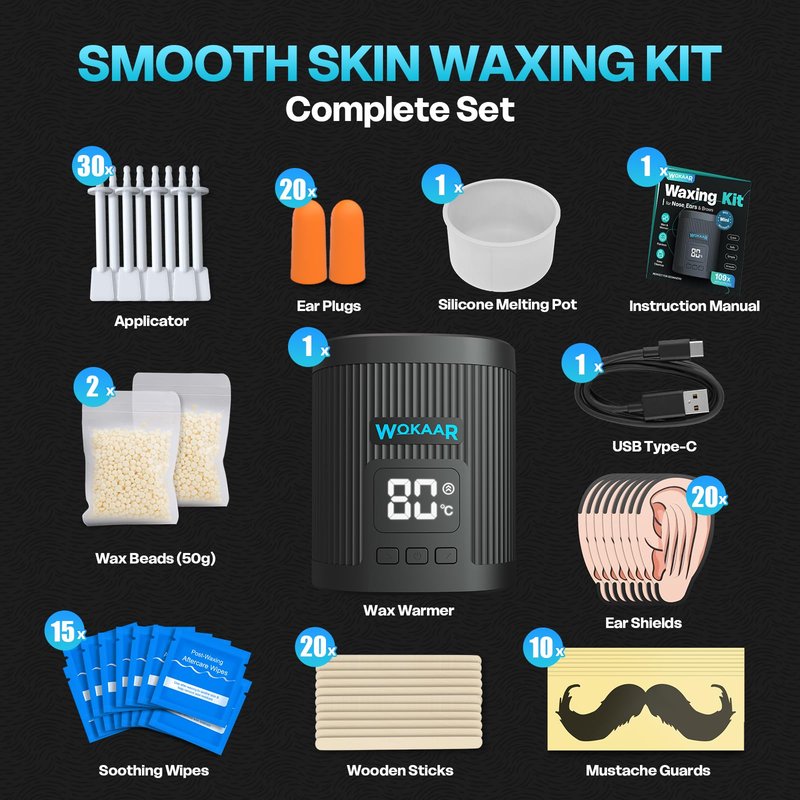 Wokaar Nose Wax Kit for Eyebrow and Ear Hair | 100gWax, 50 Face Waxing Sticks | USB-C(5V/2A) Wax Warmer | Hair Removal Kit for Men & Women | 15 Pre/Post Wipes, Ear and Mustache Guards & Earplug