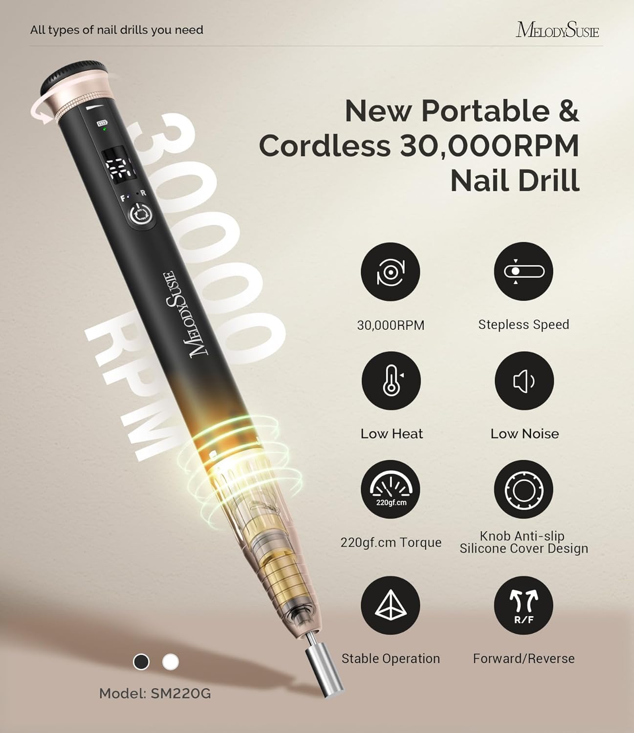 MelodySusie Cordless Nail Drill - 30,000 RPM E-File with Stepless Speed Adjustment | Portable Manicure Tool for Acrylic Gel Removal