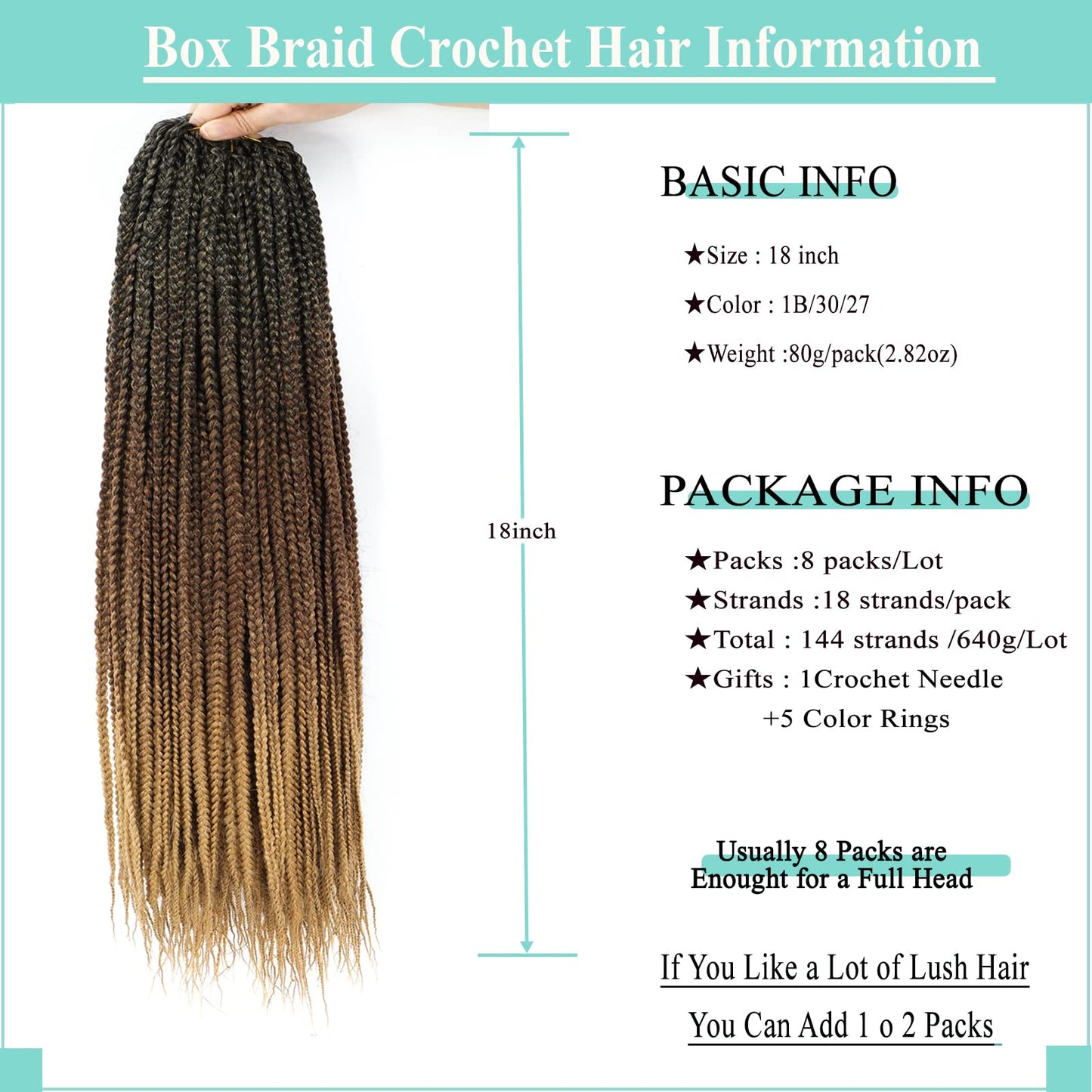 Crochet Box Braids 18 Inch 8 Packs Ombre Goddess Box Braids Crochet Hair Prelooped Crochet Hair 3x Box Braided Crochet Hair Synthetic Braiding Hair Crochet Braids Hair for Black Women-8Pacs-1B/30/27