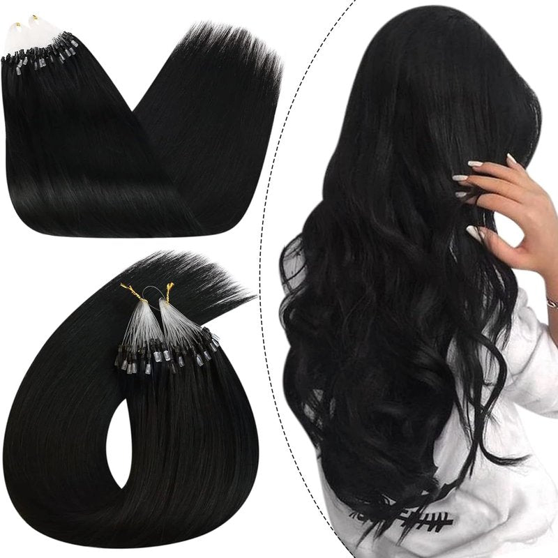 Ugeat Micro Link Hair Extensions, Black Micro Hair Extensions Human Hair, Jet Black Microbead Hair Extension, Remy Human Hair, No Heat or Glue Required, 18 Inch 50G 50S