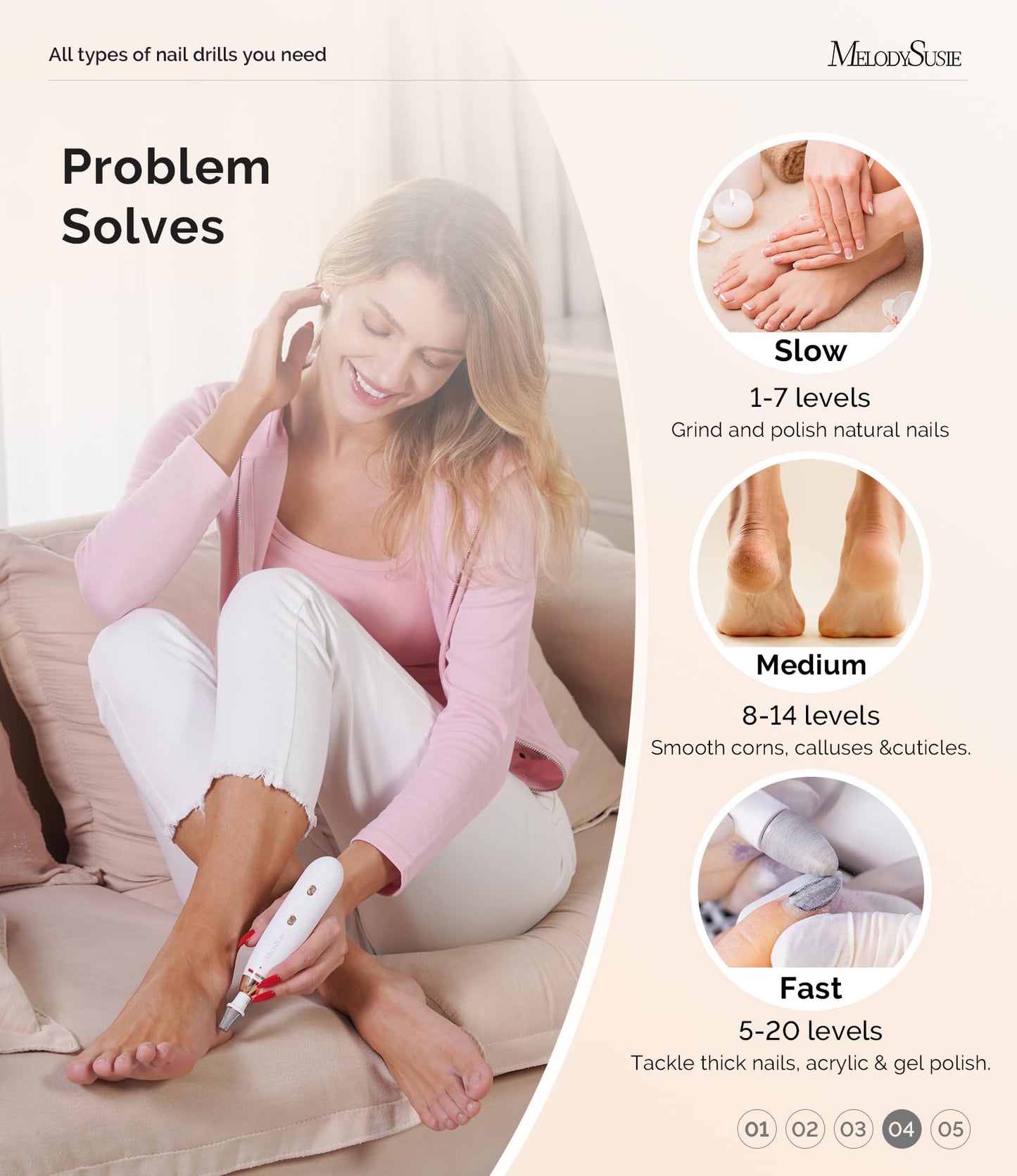 MelodySusie Professional Manicure Pedicure Kit, Cordless 8-in-1 Electric Nail Drill with 20 Speeds, Rechargeable E-File for Thick Nails & Cuticles, Ideal Foot Care for Women Men-PC650E (White Gold)
