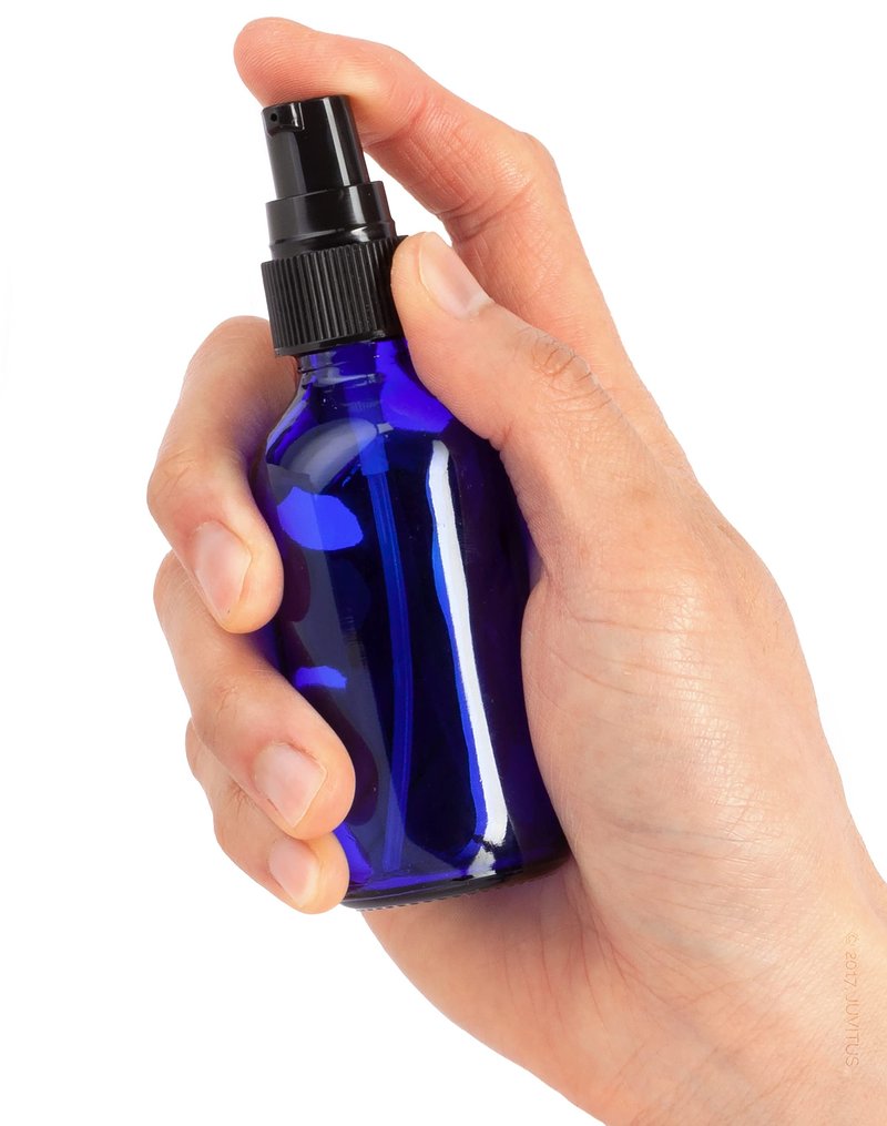 JUVITUS 2 oz Cobalt Blue Glass Boston Round Black Treatment Pump Bottle (24 Pack) + Travel Size Foamer for Soap