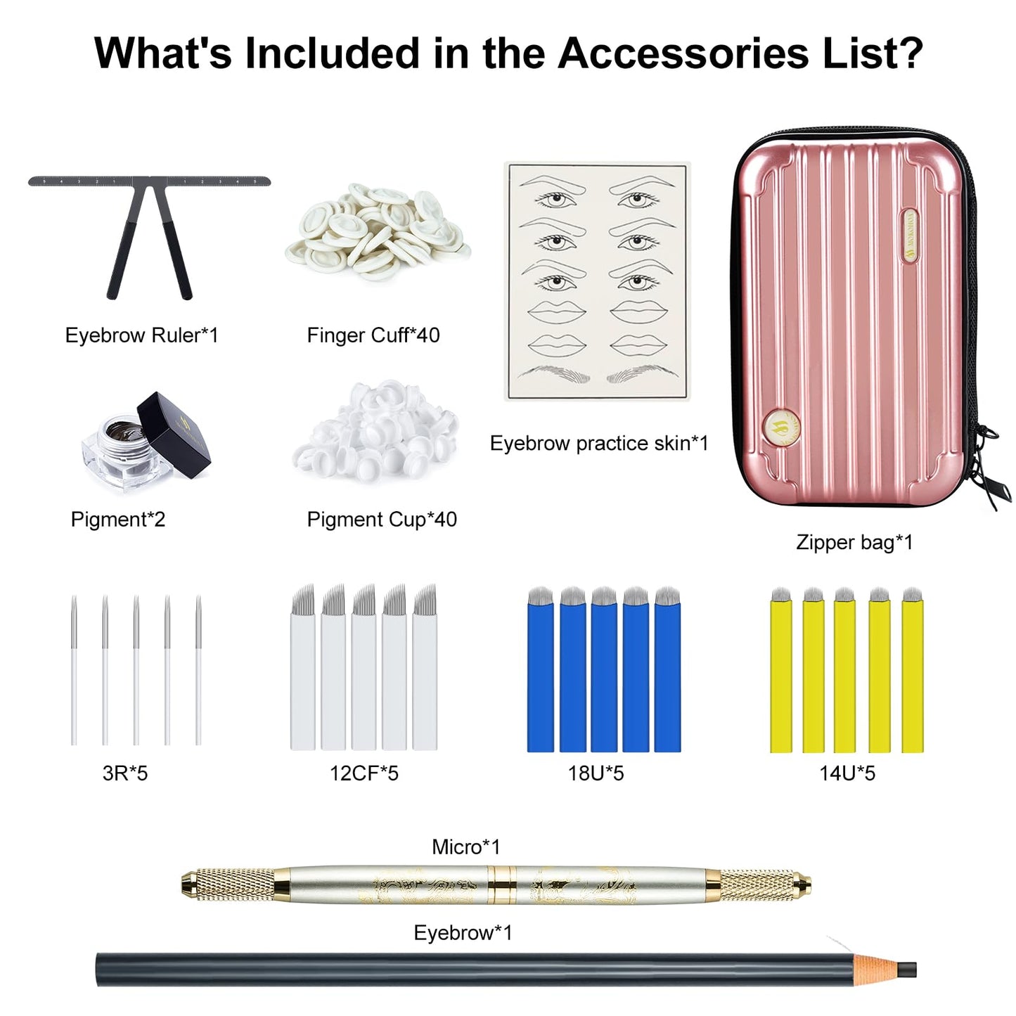 Mokohoa Microblading Eyebrow Pen Kits, Microblade Eyebrow Pencil,Microblading Supply,Permanent Eyebrow Makeup Tattoo Pen Kit for Beginners & Artist &Zipper Bag,Blades,Ink Cups,Finger Gloves