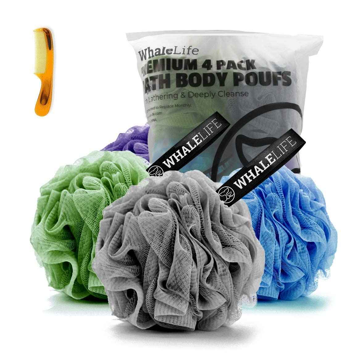 Shower Caps 4 Pack Black and Elegance Bath Sponge 4 Pack Shower Loofahs Mesh Pouf and Double Large Waterproof Bath Caps for Hair