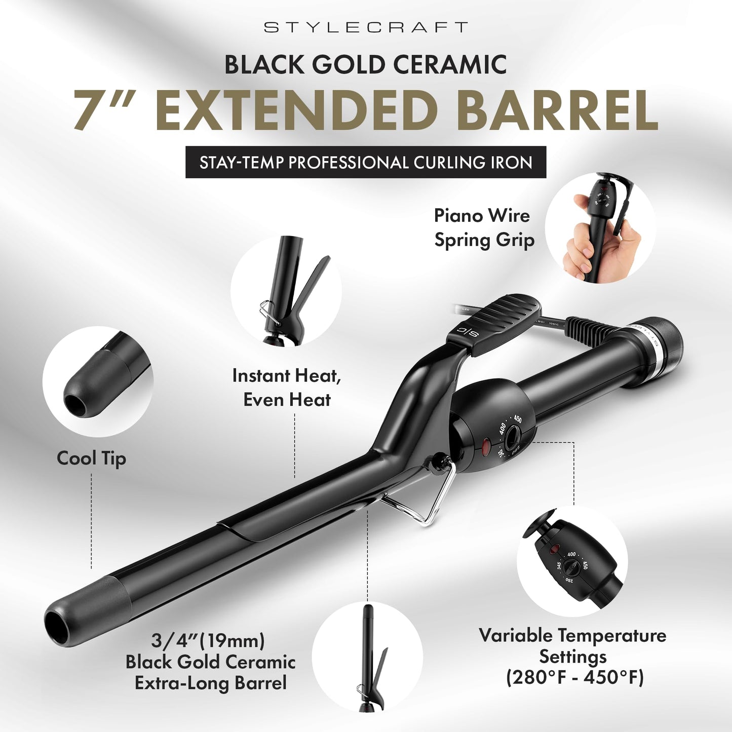 StyleCraft Stay-Temp Black Gold Ceramic 3/4” Long Barrel Curling Iron - 7" Extra-Long Barrel for Professional Styling, Infinite Temperature Control (280°F–450°F), Ideal for Long & Thick Hair