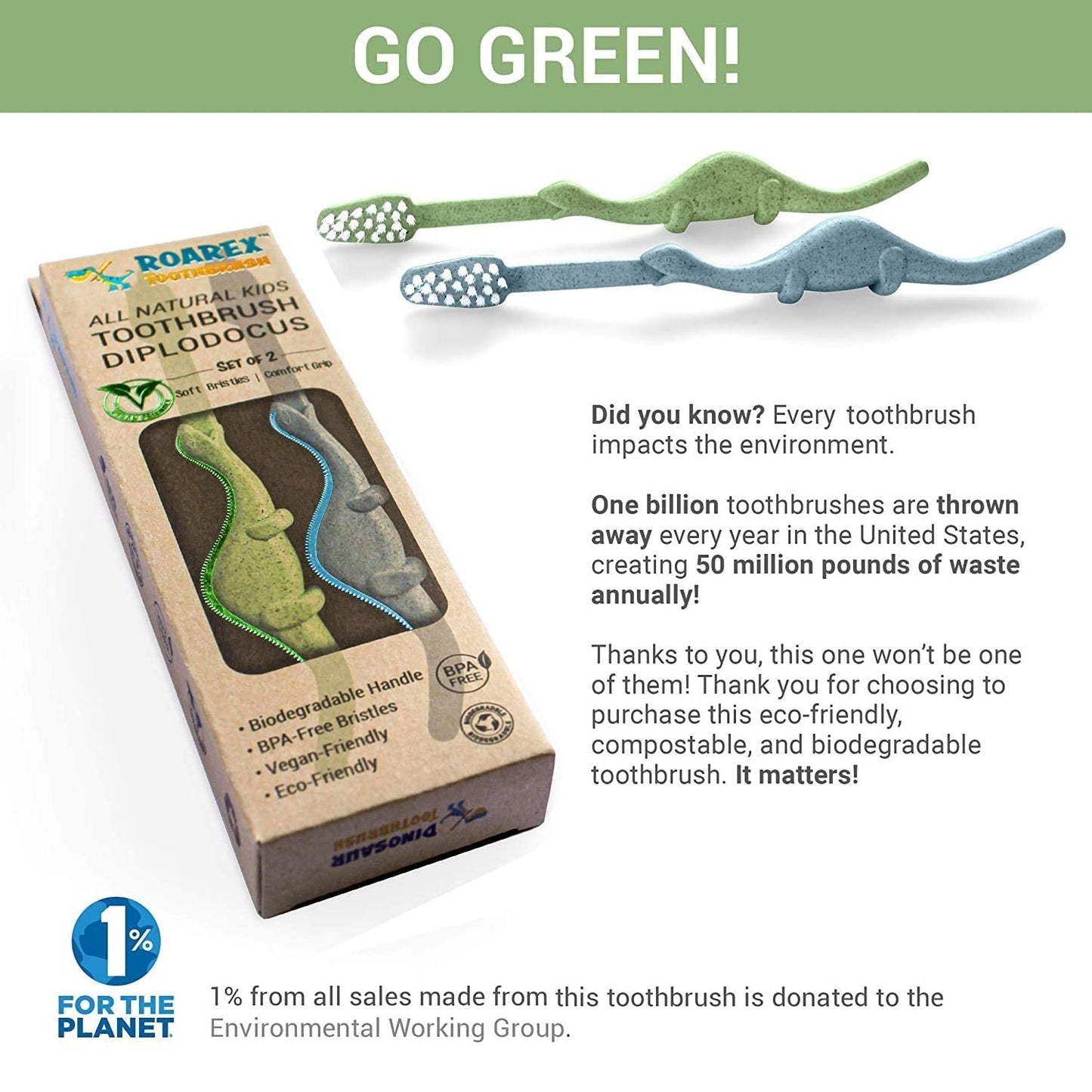 ANPEI ROARex Vegan Kids Toothbrush | Dino Design | Biodegradable & Compostable Natural Plant-Based Toothbrush | Dinosaur Theme | 1% for the Planet